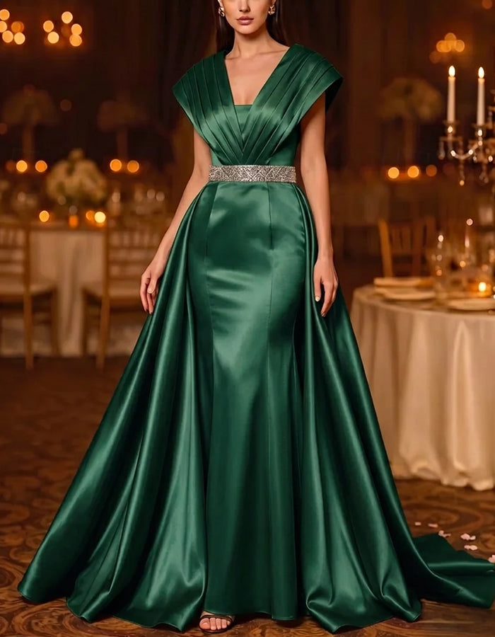 Rochie maxi din satin, cu mâneci scurte plisate, paiete și talie accentuată