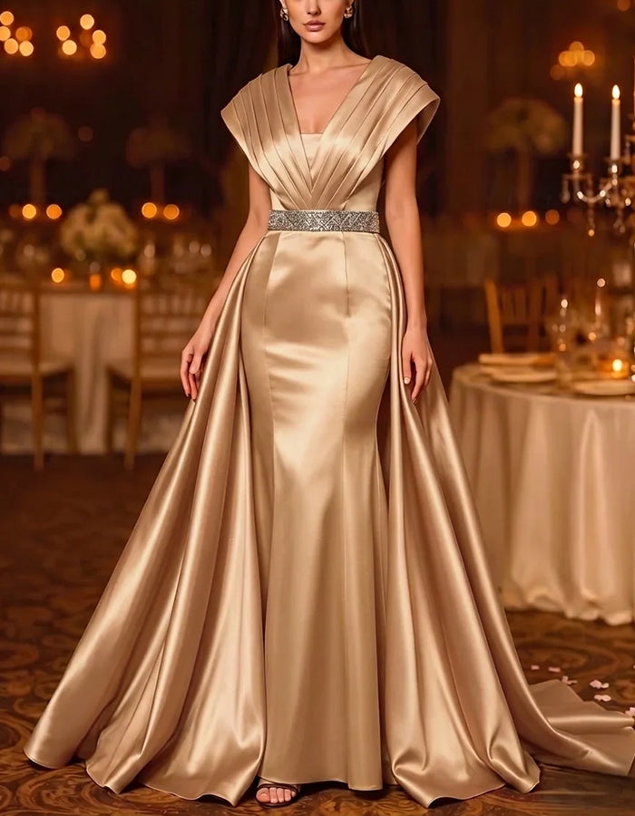 Rochie maxi din satin, cu mâneci scurte plisate, paiete și talie accentuată
