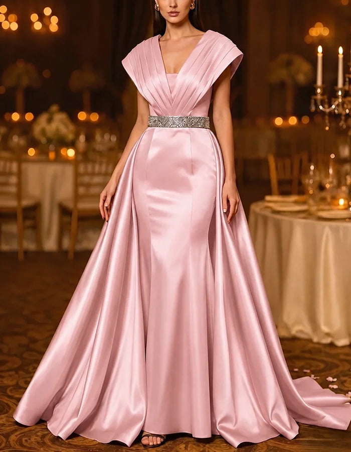Rochie maxi din satin, cu mâneci scurte plisate, paiete și talie accentuată