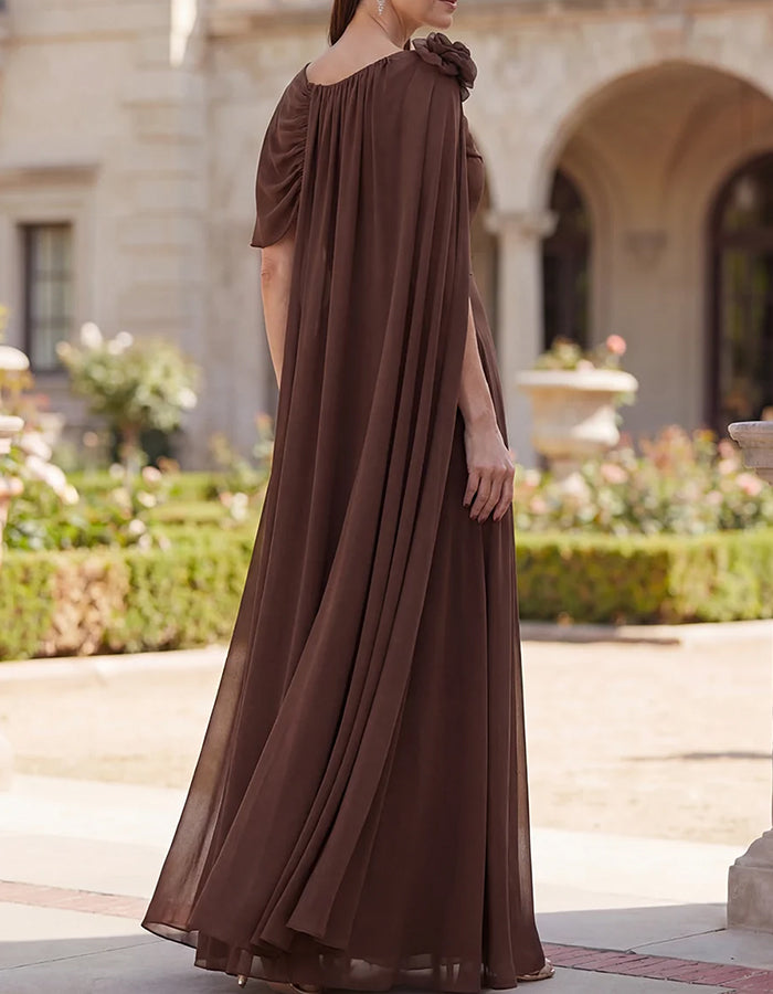 One Shoulder Floral Cape Chiffon High Slit Maxi Dress