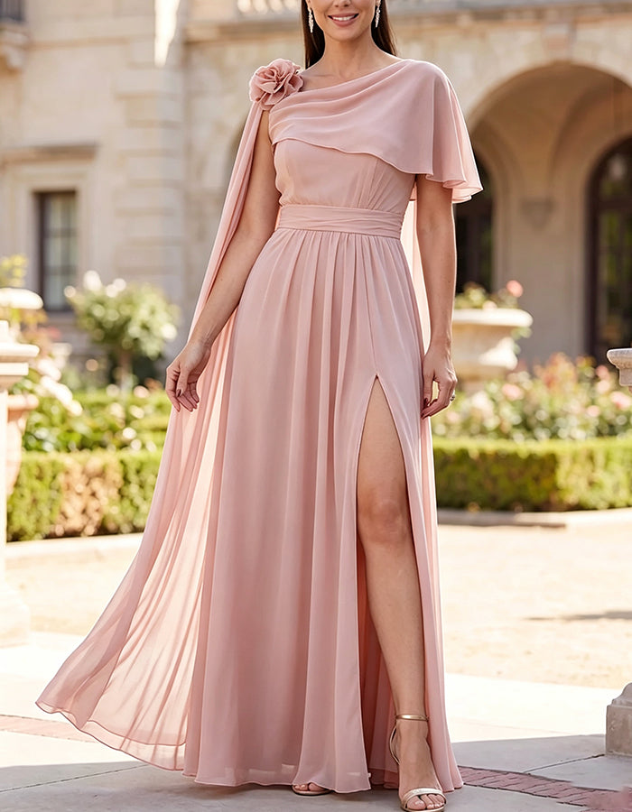 One Shoulder Floral Cape Chiffon High Slit Maxi Dress