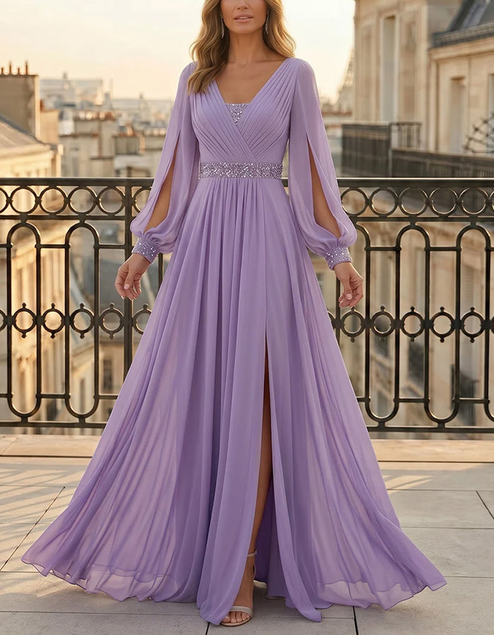 Vestido maxi de gasa con lentejuelas, color liso, escote en V y mangas con abertura