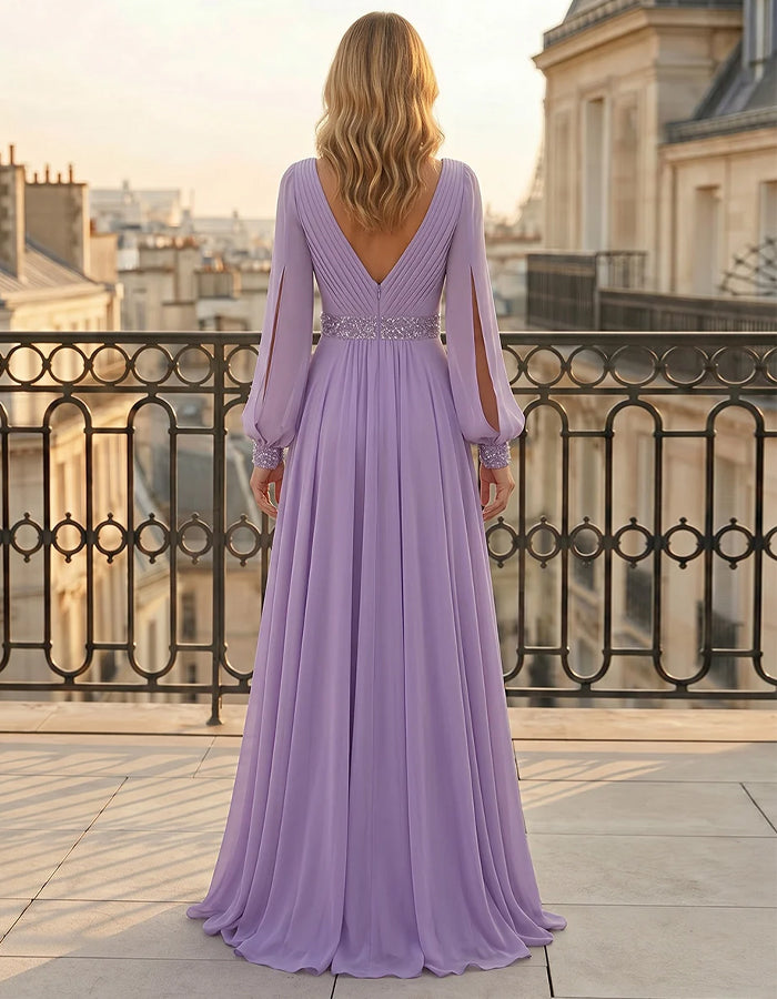 Vestido maxi de gasa con lentejuelas, color liso, escote en V y mangas con abertura
