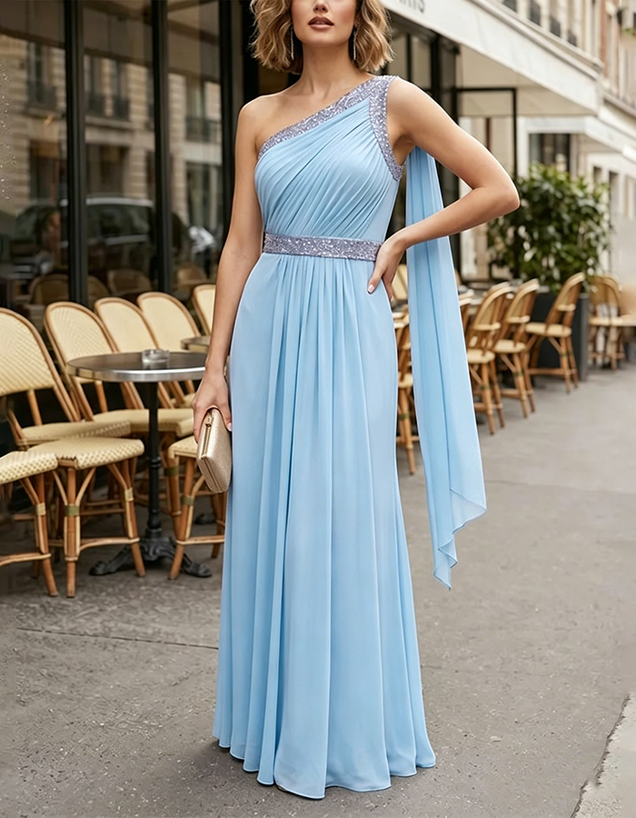 Lavender One-Shoulder Sequins Ruched Chiffon Maxi Dress