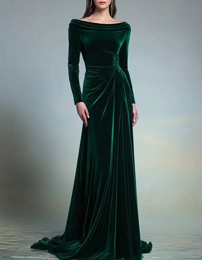 Rochie maxi de seară din catifea plisată, cu mâneci lungi și umerii goi