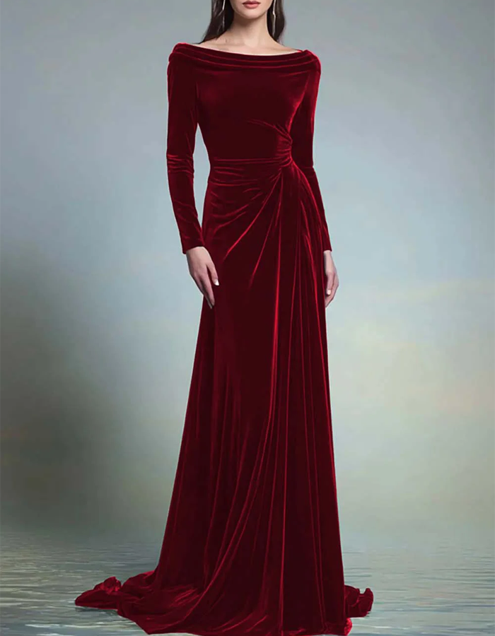 Rochie maxi de seară din catifea plisată, cu mâneci lungi și umerii goi