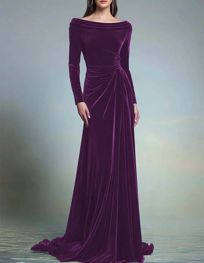 Rochie maxi de seară din catifea plisată, cu mâneci lungi și umerii goi