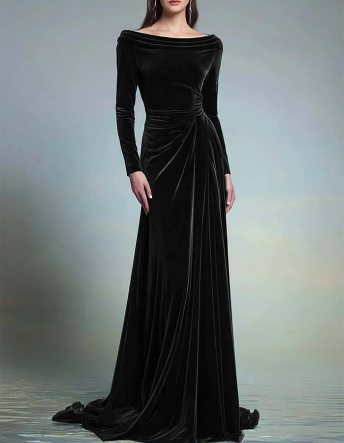 Rochie maxi de seară din catifea plisată, cu mâneci lungi și umerii goi