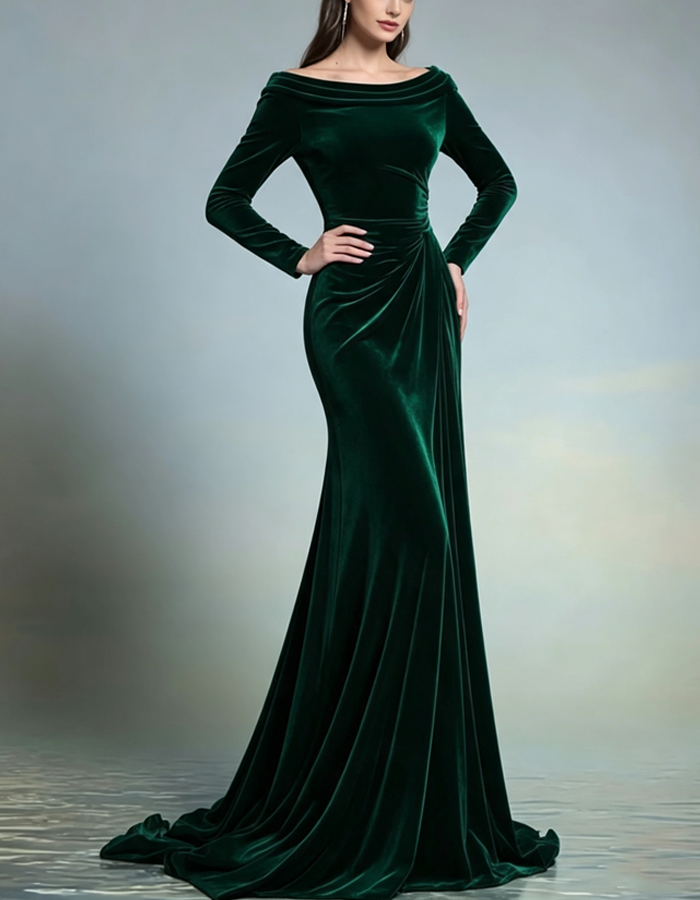 Rochie maxi de seară din catifea plisată, cu mâneci lungi și umerii goi