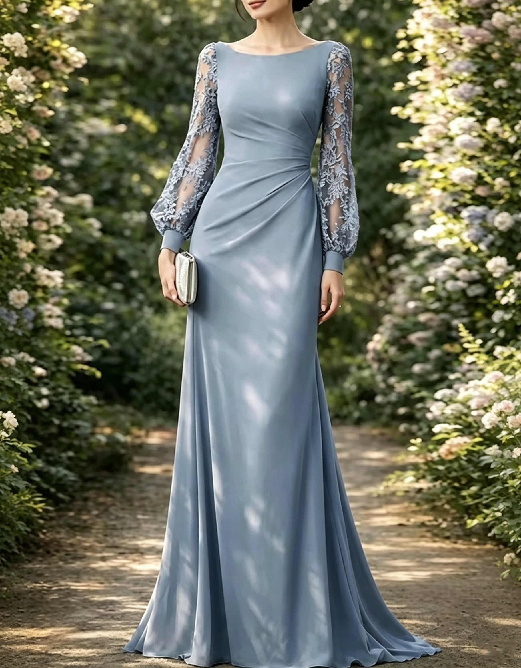 Maxi-jurk van chiffon met boothals, kanten details, bisschopsmouwen en een A-lijn silhouet