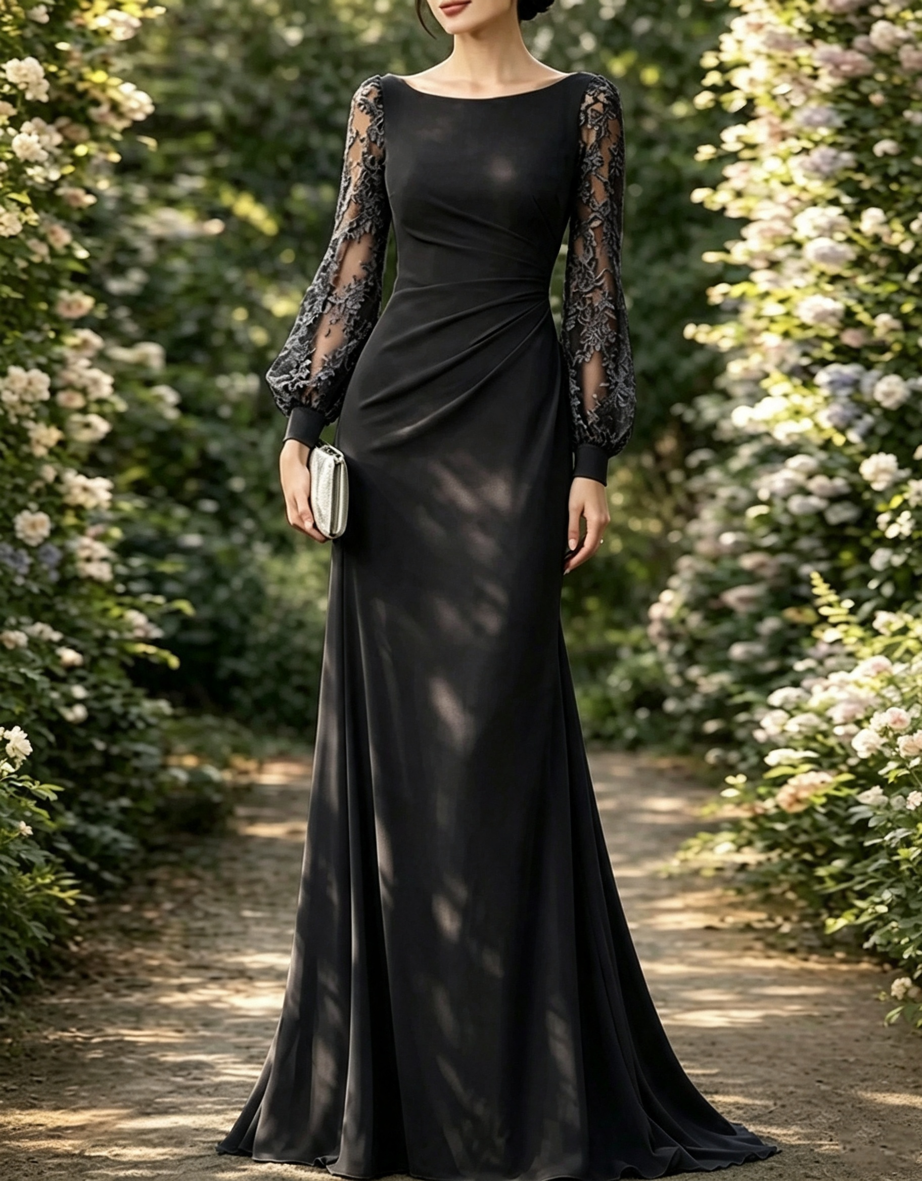 Maxi-jurk van chiffon met boothals, kanten details, bisschopsmouwen en een A-lijn silhouet