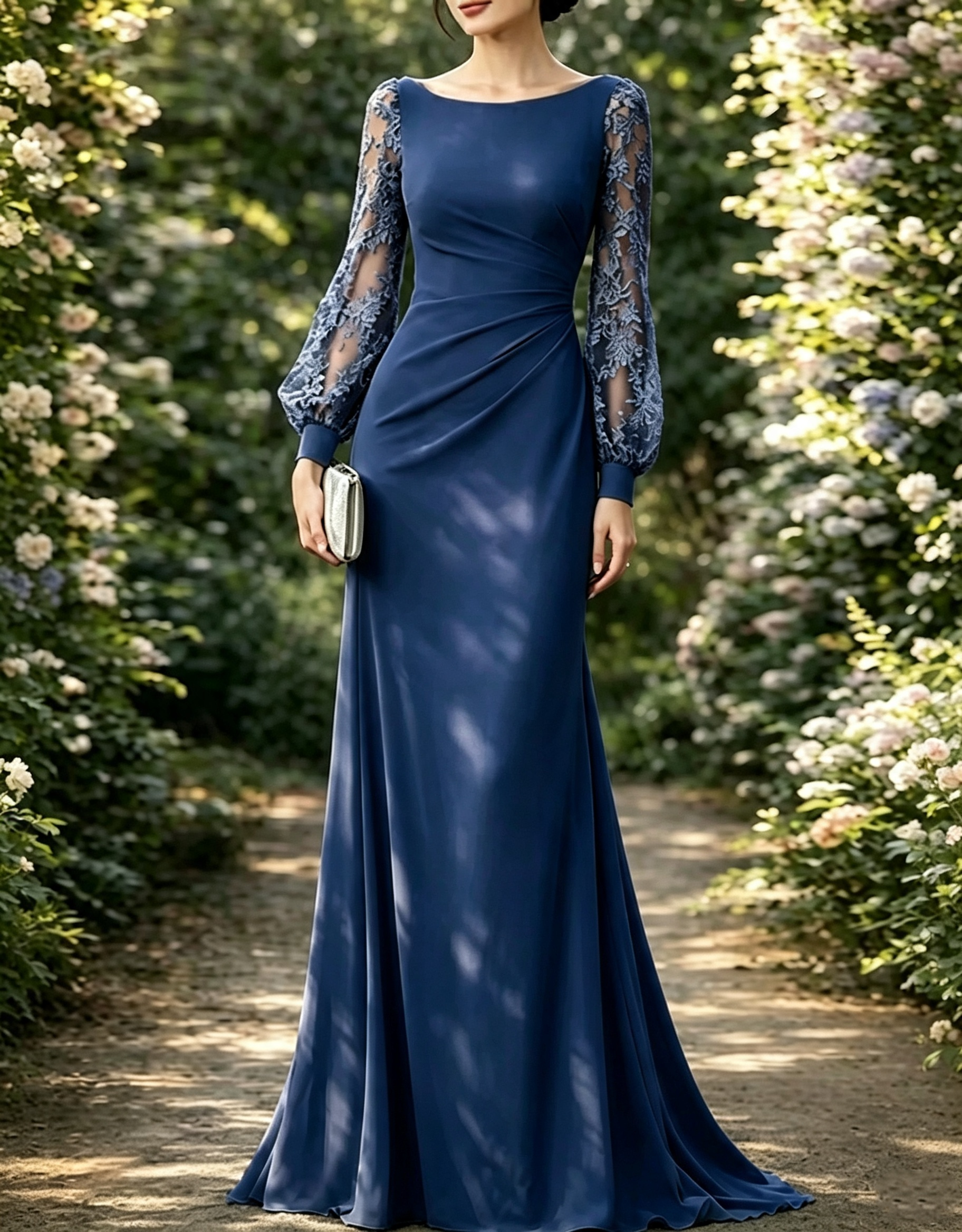 Maxi-jurk van chiffon met boothals, kanten details, bisschopsmouwen en een A-lijn silhouet