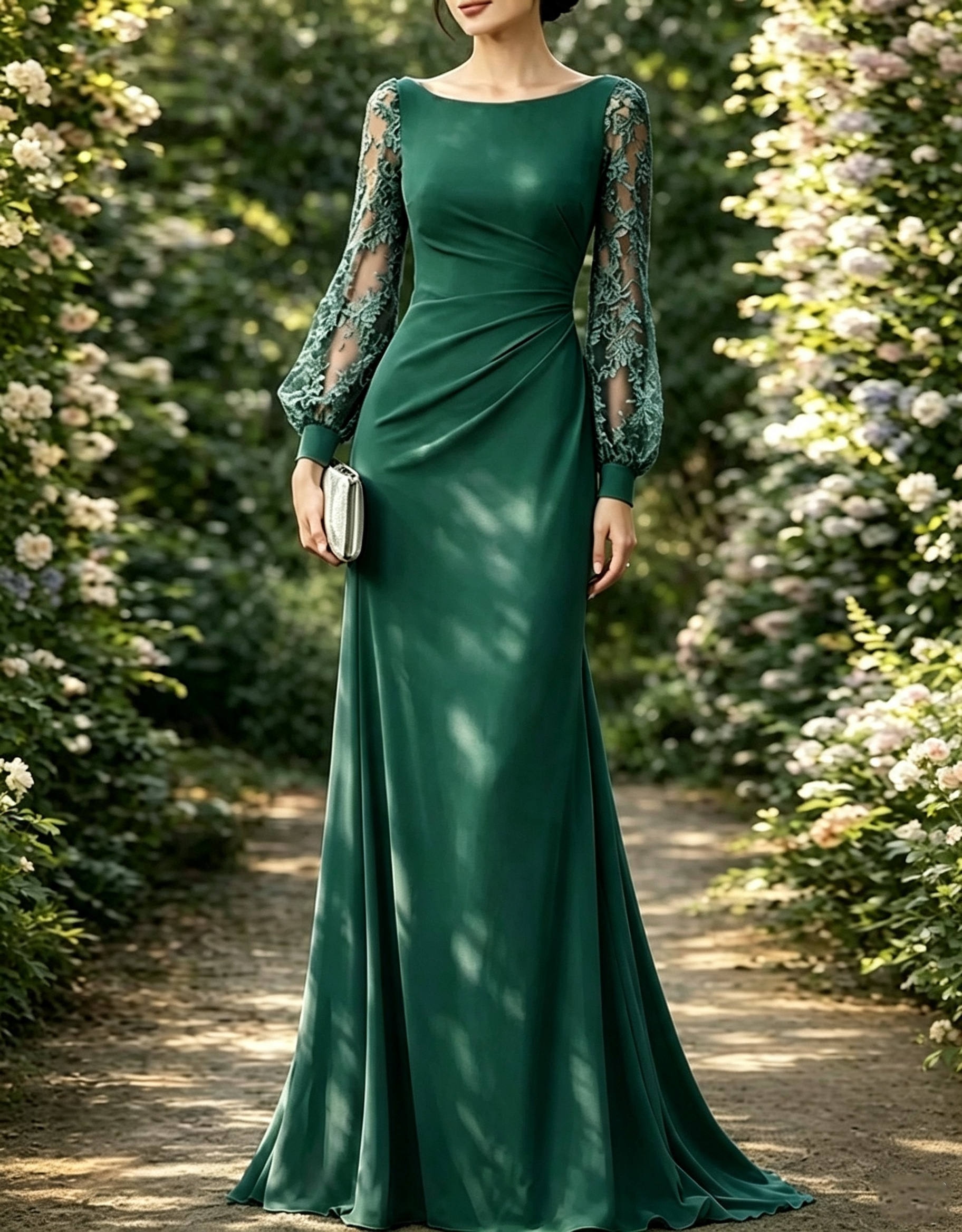 Maxi-jurk van chiffon met boothals, kanten details, bisschopsmouwen en een A-lijn silhouet