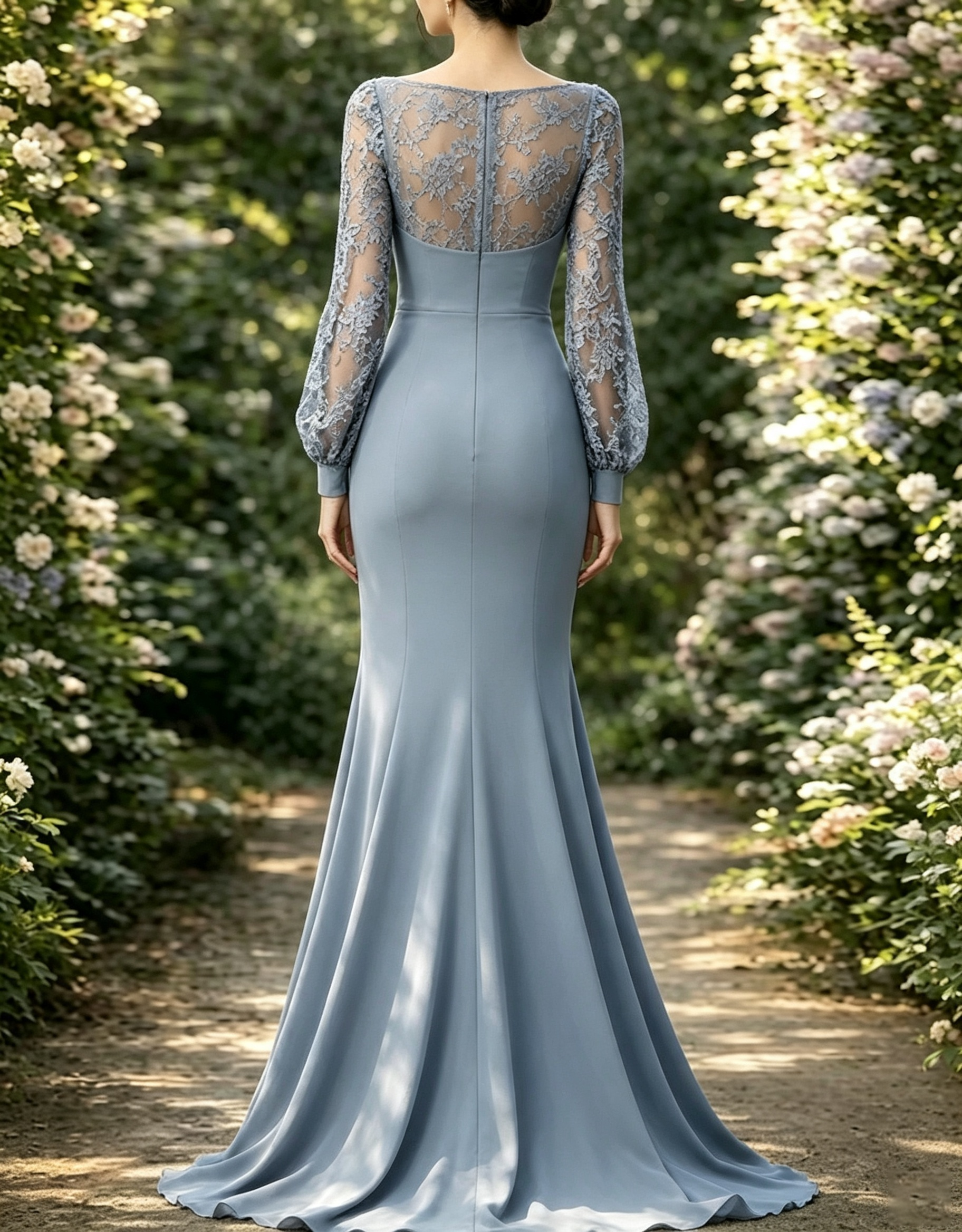 Maxi-jurk van chiffon met boothals, kanten details, bisschopsmouwen en een A-lijn silhouet