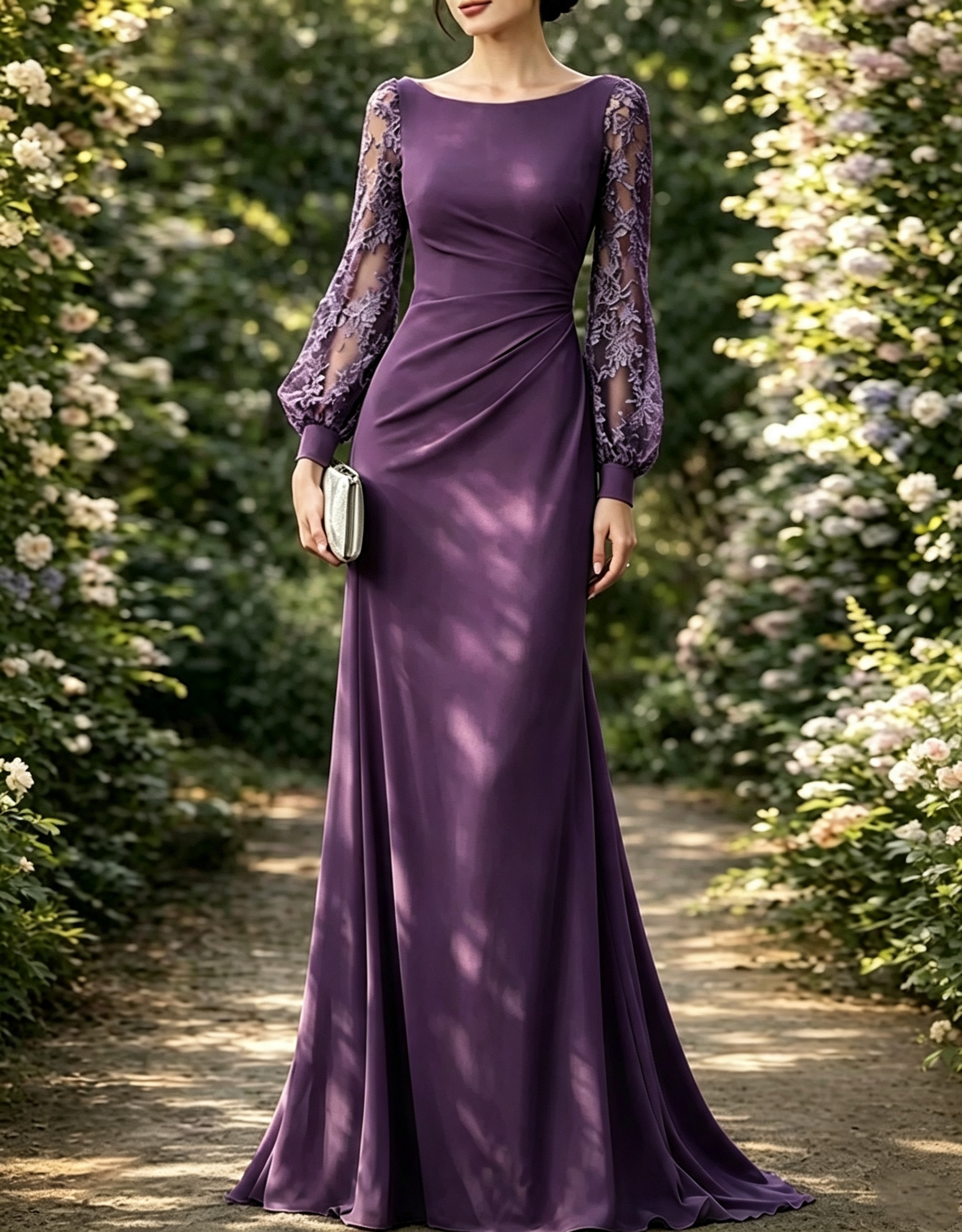Maxi-jurk van chiffon met boothals, kanten details, bisschopsmouwen en een A-lijn silhouet