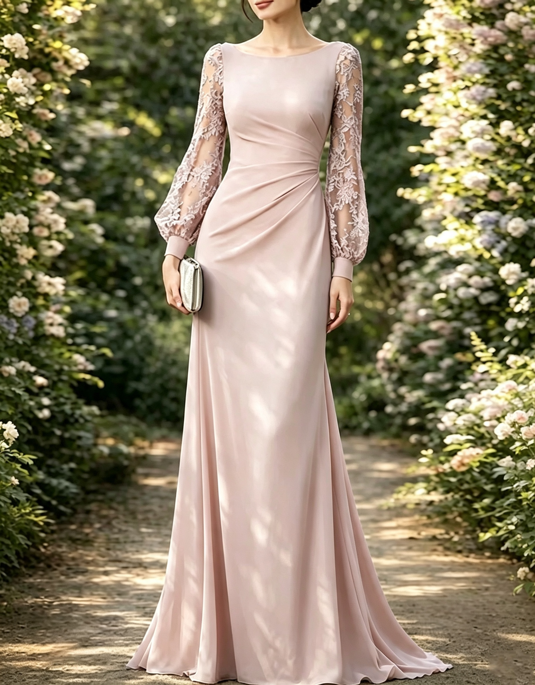 Maxi-jurk van chiffon met boothals, kanten details, bisschopsmouwen en een A-lijn silhouet