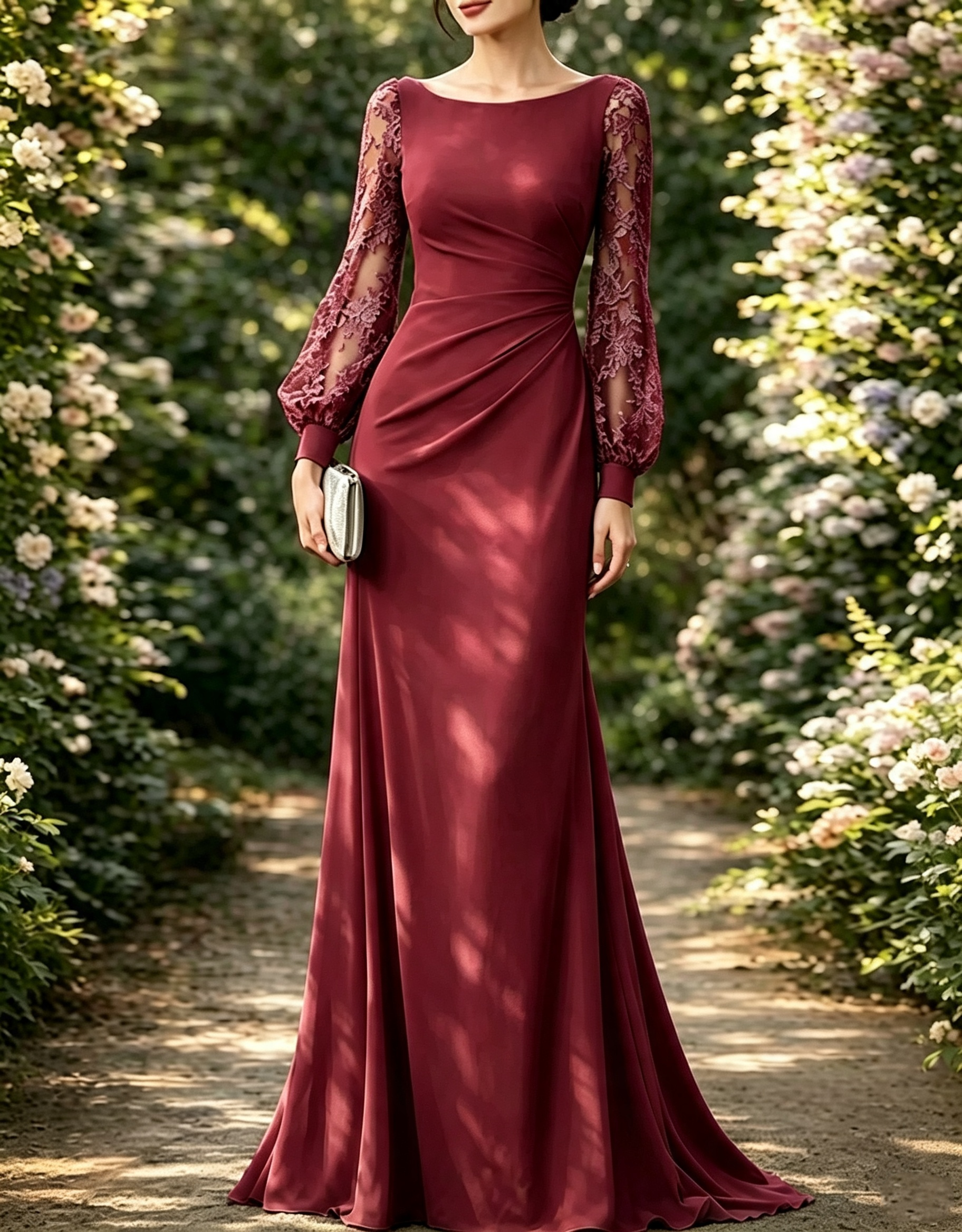 Maxi-jurk van chiffon met boothals, kanten details, bisschopsmouwen en een A-lijn silhouet