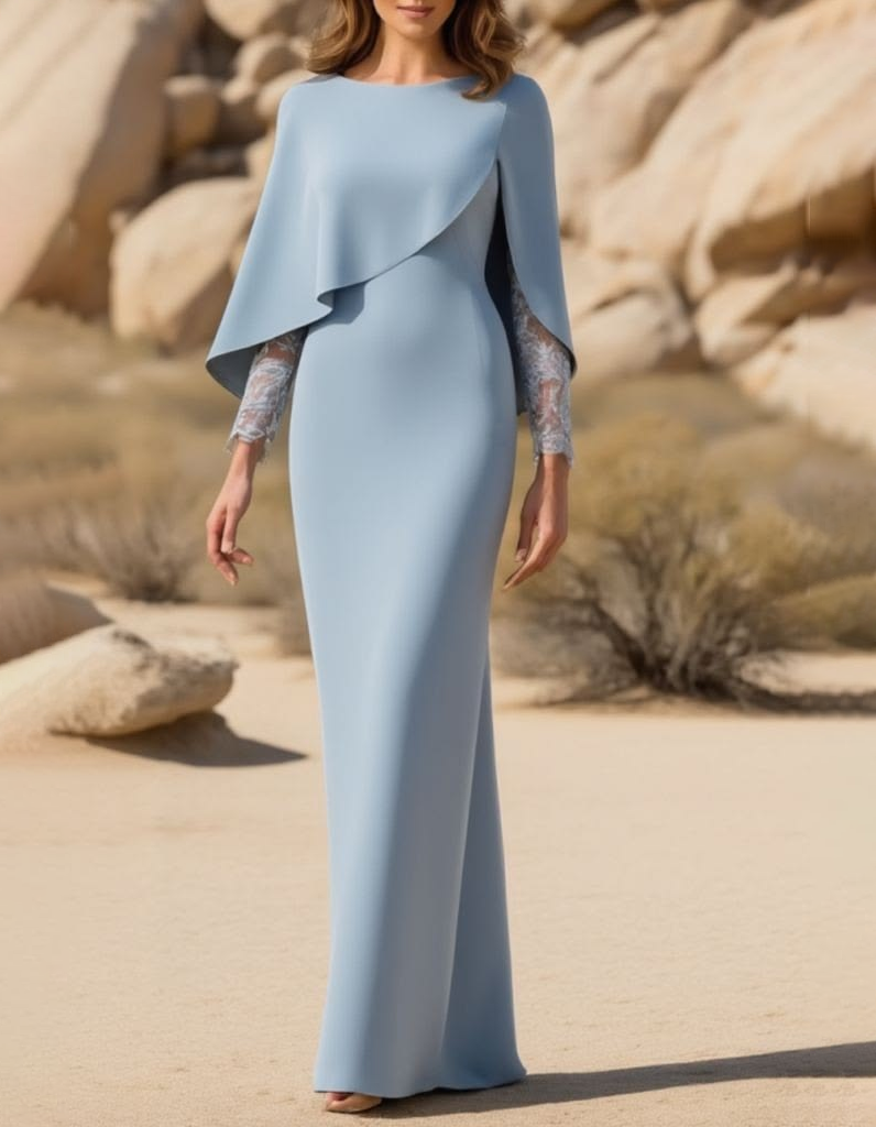 Bateau Neck Crepe Cape Overlay Lace Sleeve Mermaid Maxi Dress