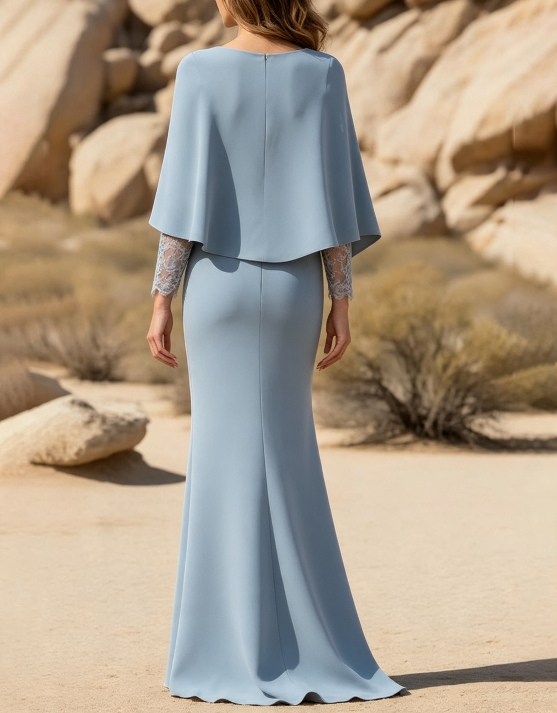 Bateau Neck Crepe Cape Overlay Lace Sleeve Mermaid Maxi Dress