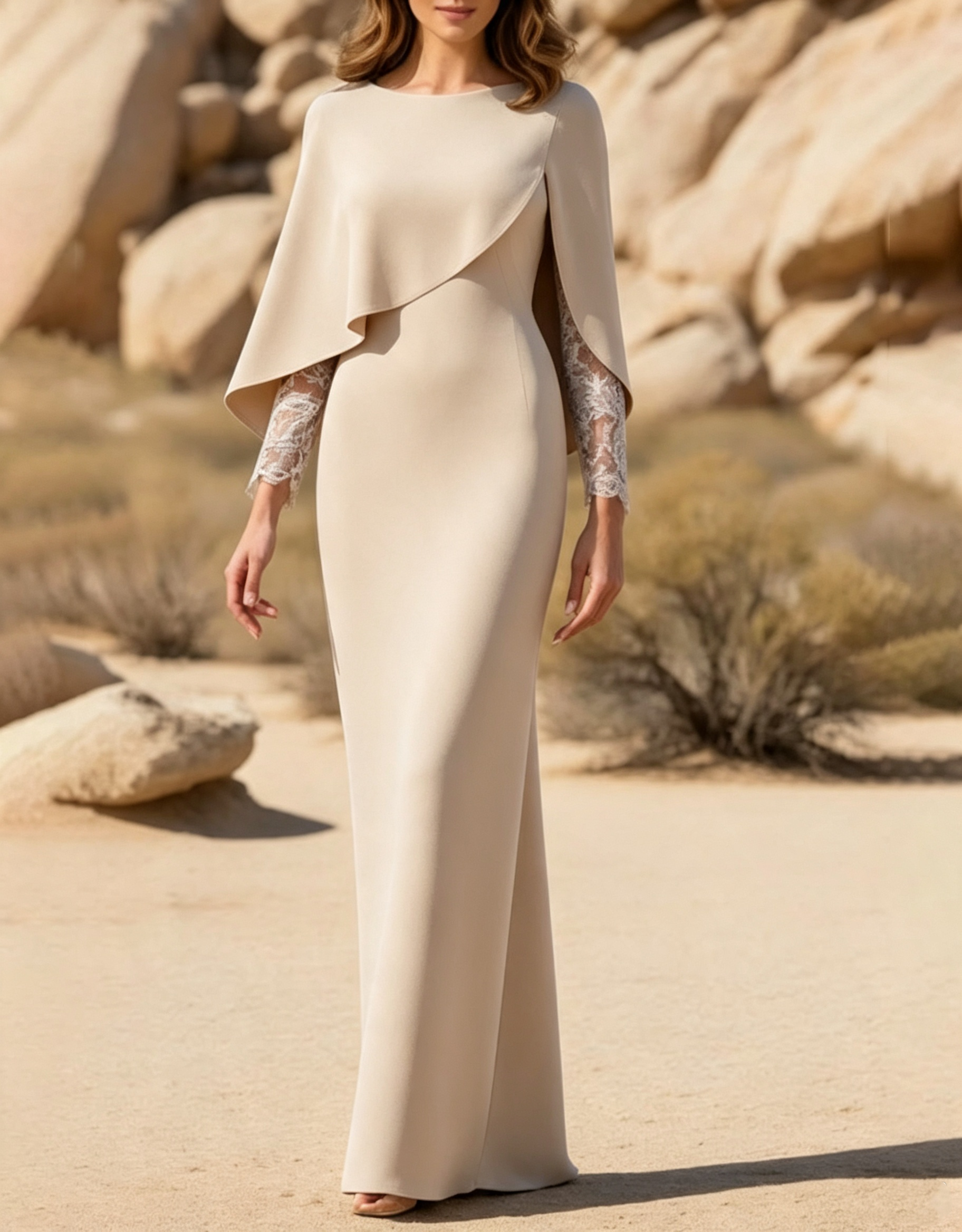 Bateau Neck Crepe Cape Overlay Lace Sleeve Mermaid Maxi Dress