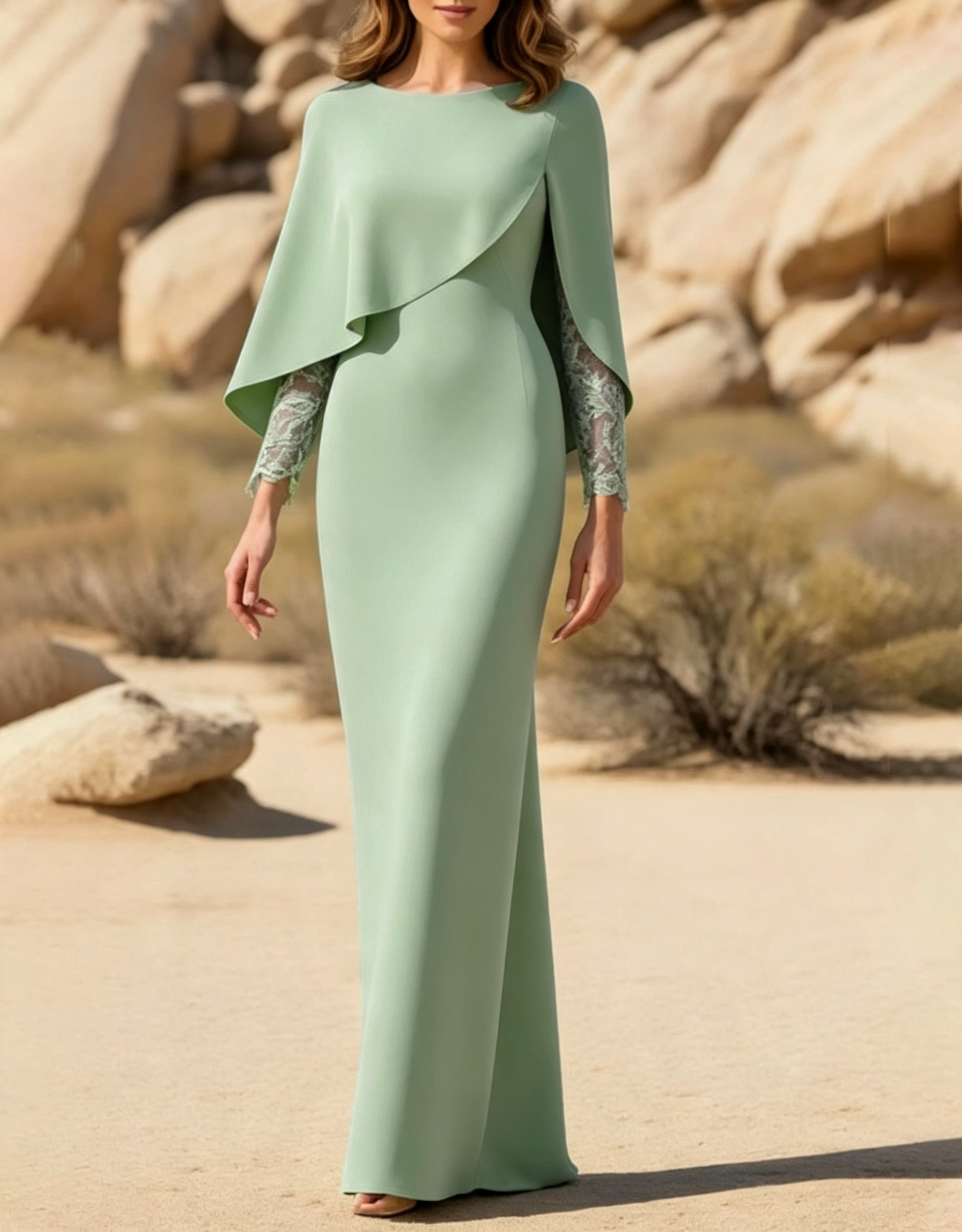 Bateau Neck Crepe Cape Overlay Lace Sleeve Mermaid Maxi Dress