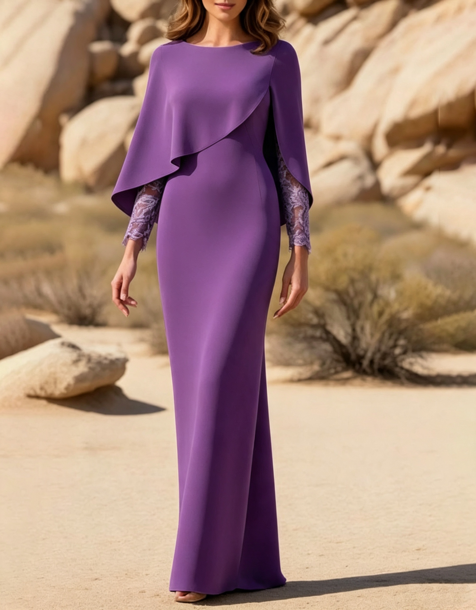 Bateau Neck Crepe Cape Overlay Lace Sleeve Mermaid Maxi Dress