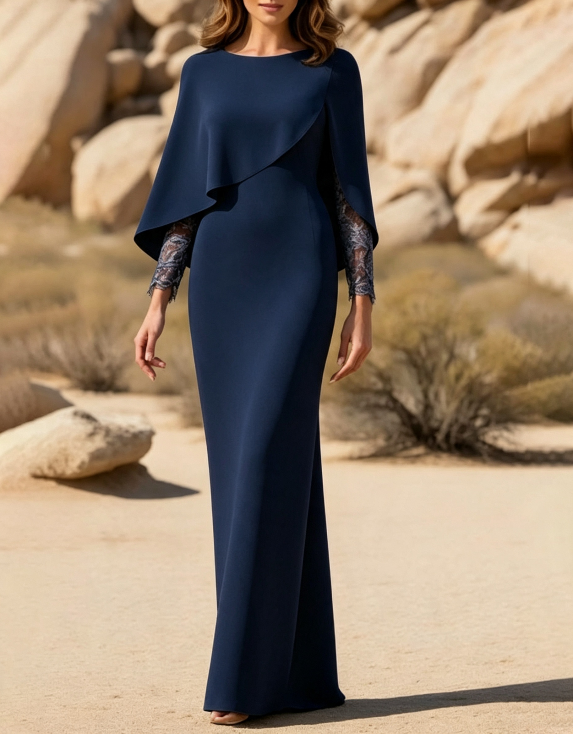 Bateau Neck Crepe Cape Overlay Lace Sleeve Mermaid Maxi Dress