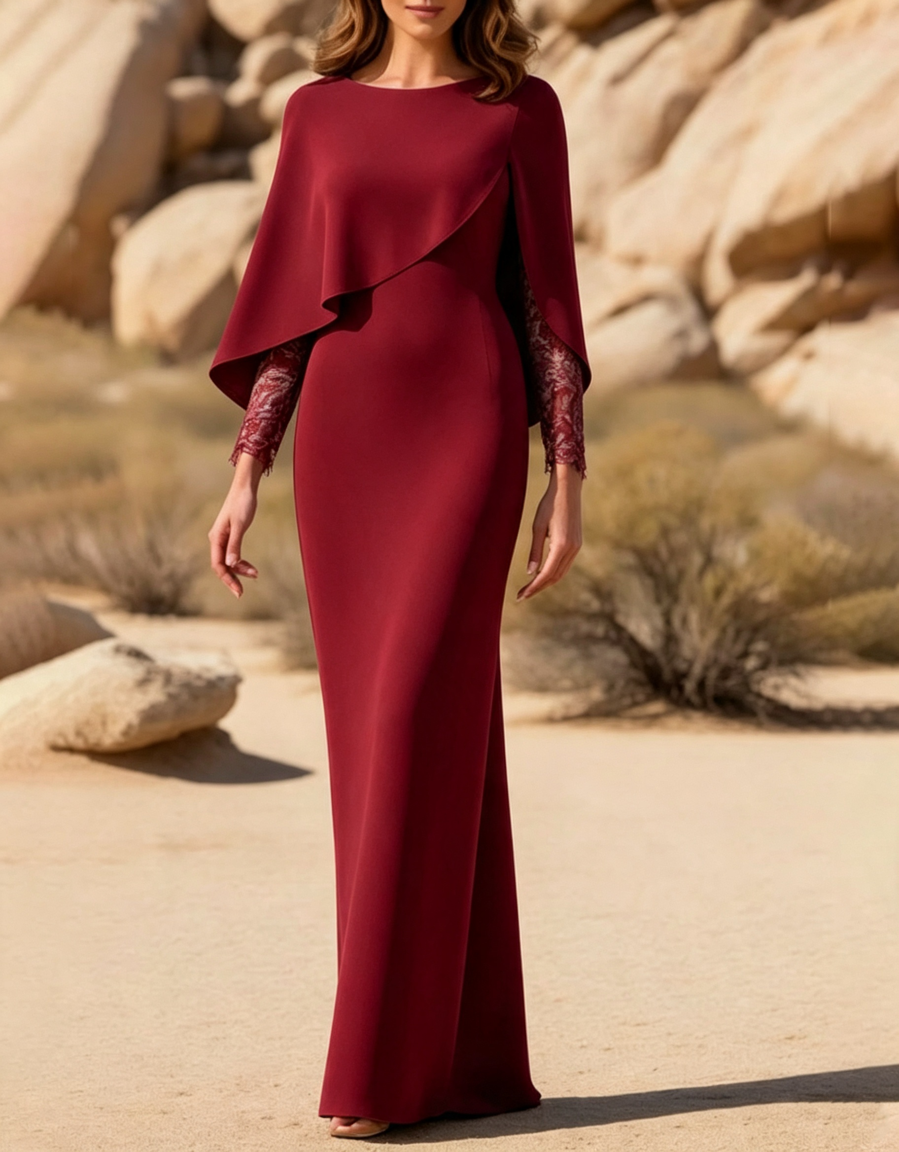 Bateau Neck Crepe Cape Overlay Lace Sleeve Mermaid Maxi Dress