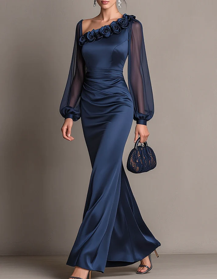 Robe longue satinée en tulle avec appliqué floral asymétrique et manches bouffantes