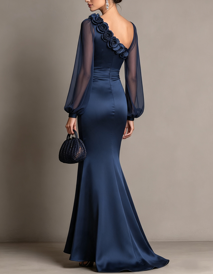 Robe longue satinée en tulle avec appliqué floral asymétrique et manches bouffantes