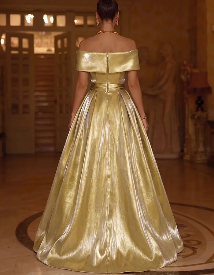 Gold Off Shoulder Fold Neck Waist Sash High Slit Satin Maxi Dress