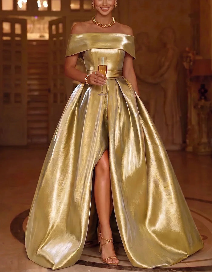 Gold Off Shoulder Fold Neck Waist Sash High Slit Satin Maxi Dress