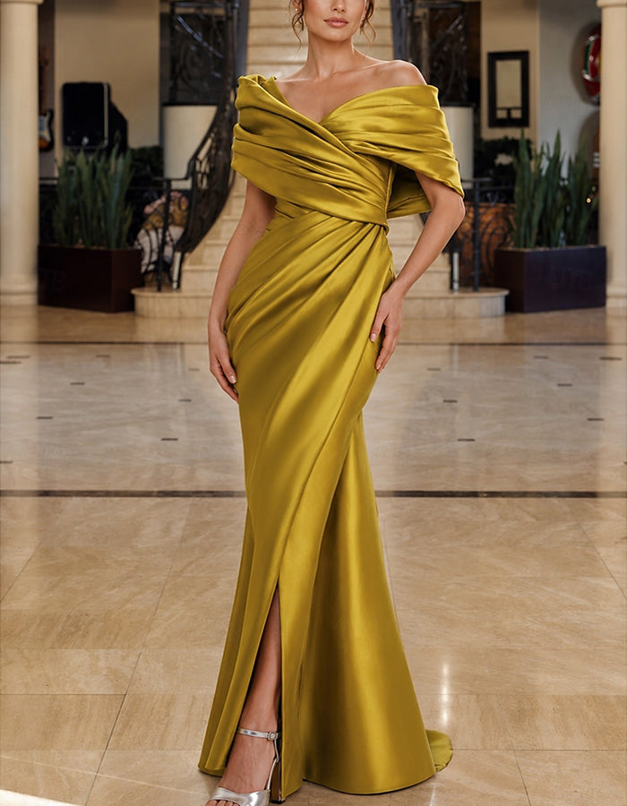 Off Shoulder Draped Satin High Slit Maxi Dress