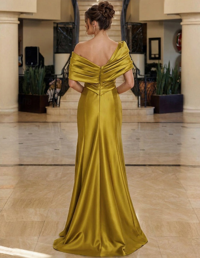 Off Shoulder Draped Satin High Slit Maxi Dress