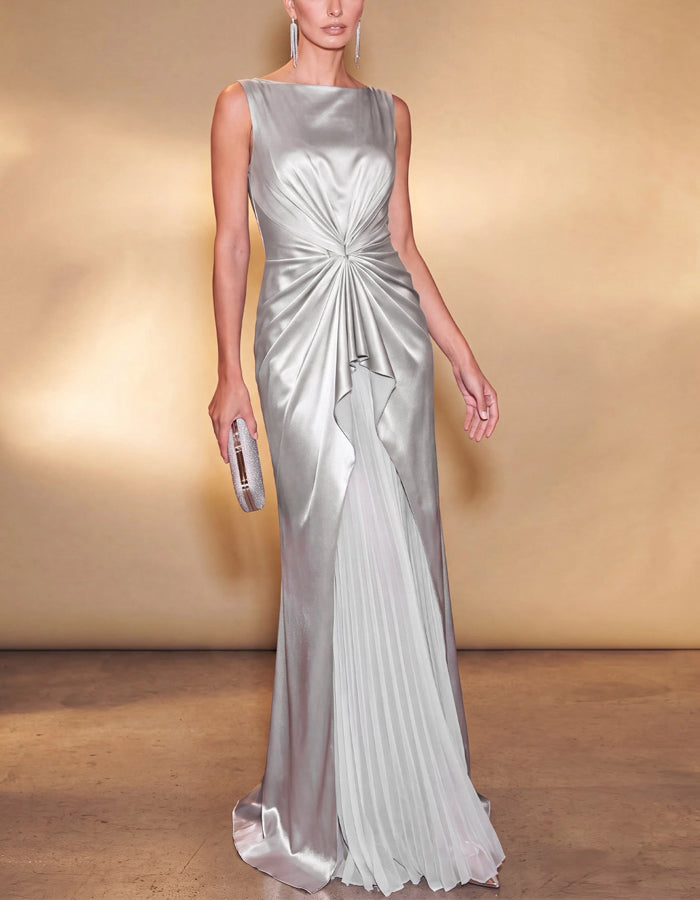Rochie maxi argintie din satin, fără mâneci, cu pliuri răsucite