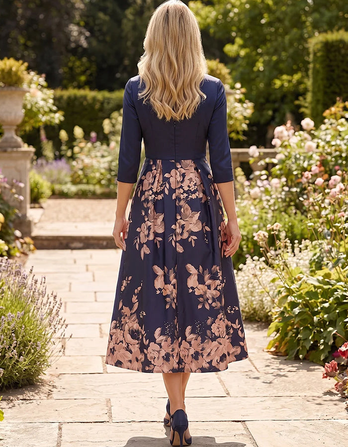 Navy Blue V‑Neck 3/4 Sleeve Floral Print Satin A‑Line Midi Dress
