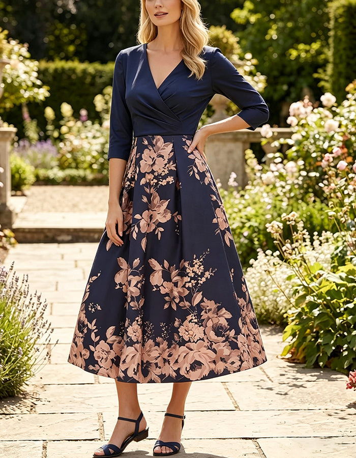 Navy Blue V‑Neck 3/4 Sleeve Floral Print Satin A‑Line Midi Dress