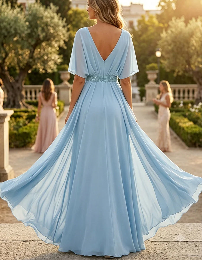 V‑Neck Sequin Waist Cape Overlay Chiffon A‑Line Maxi Dress