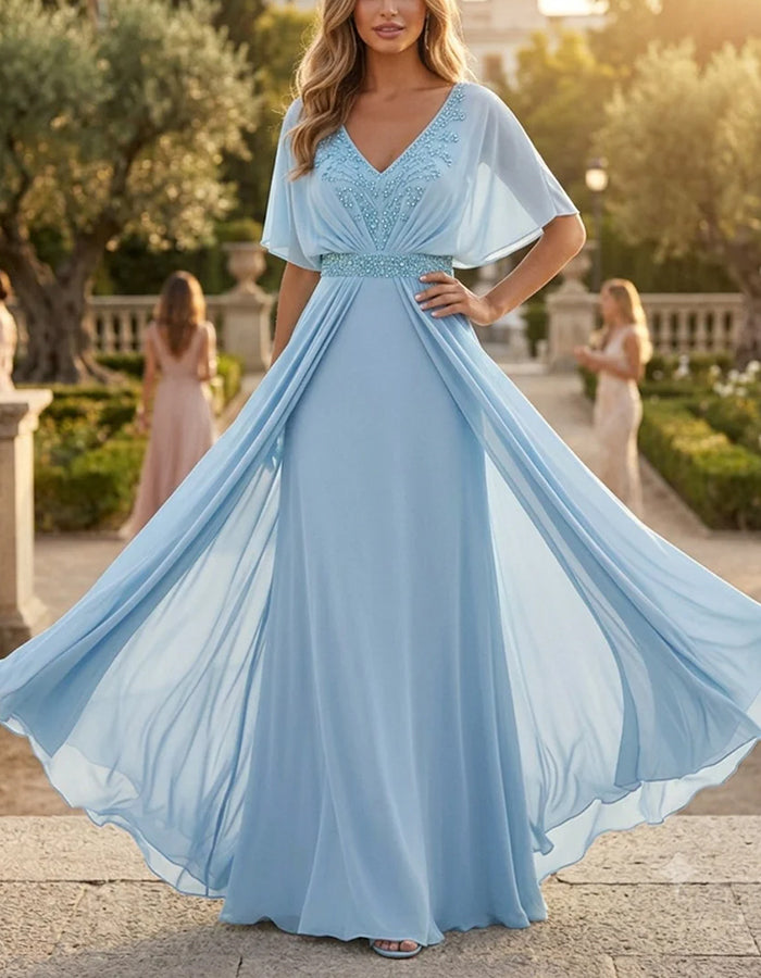 V‑Neck Sequin Waist Cape Overlay Chiffon A‑Line Maxi Dress