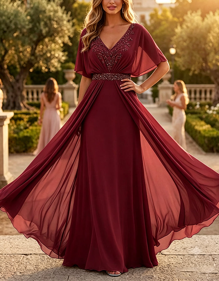 V‑Neck Sequin Waist Cape Overlay Chiffon A‑Line Maxi Dress