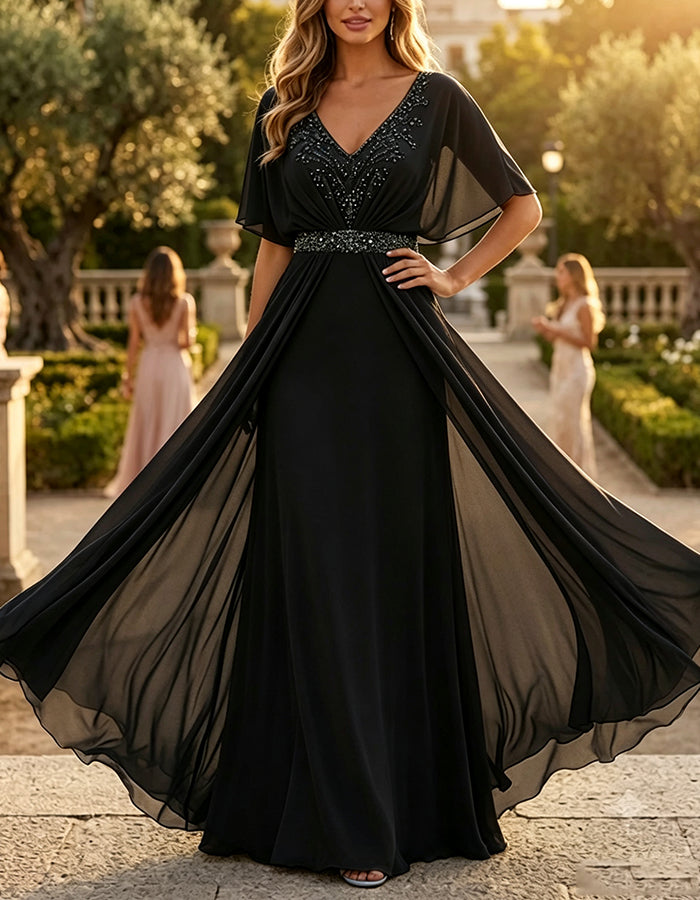 V‑Neck Sequin Waist Cape Overlay Chiffon A‑Line Maxi Dress