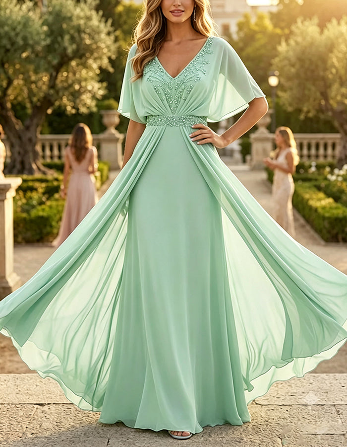 V‑Neck Sequin Waist Cape Overlay Chiffon A‑Line Maxi Dress