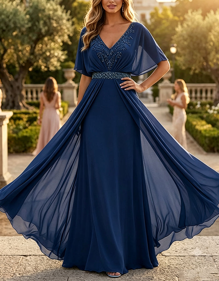 V‑Neck Sequin Waist Cape Overlay Chiffon A‑Line Maxi Dress