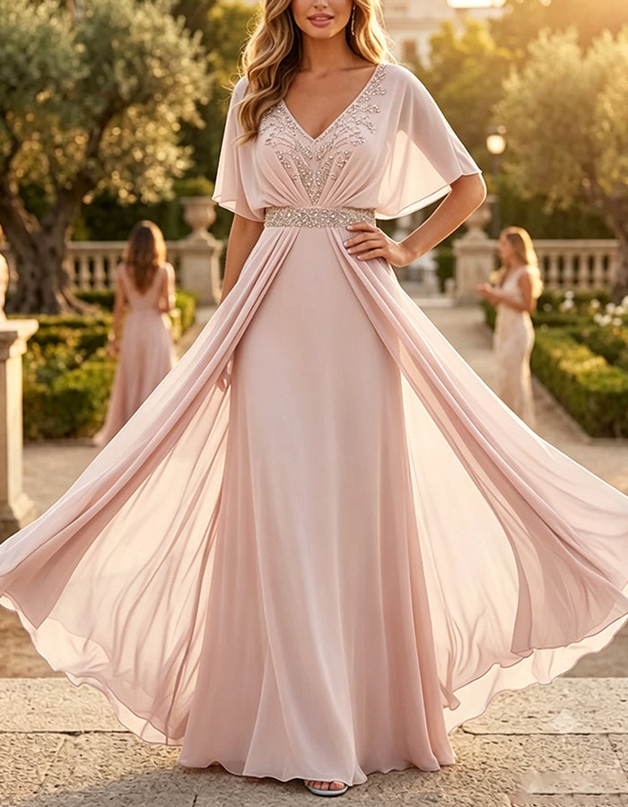 V‑Neck Sequin Waist Cape Overlay Chiffon A‑Line Maxi Dress