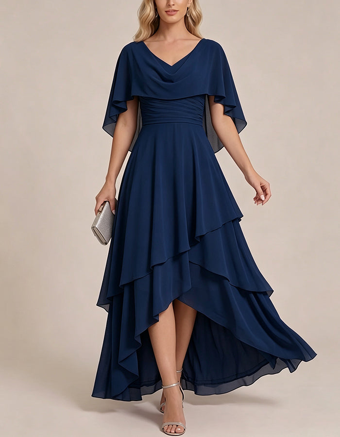 Vestido maxi de chiffon em camadas, com capa nas mangas, franzido e bainha assimétrica