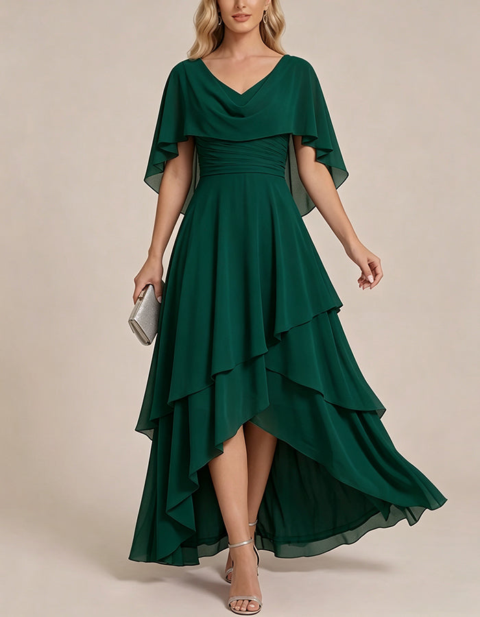 Vestido maxi de chiffon em camadas, com capa nas mangas, franzido e bainha assimétrica