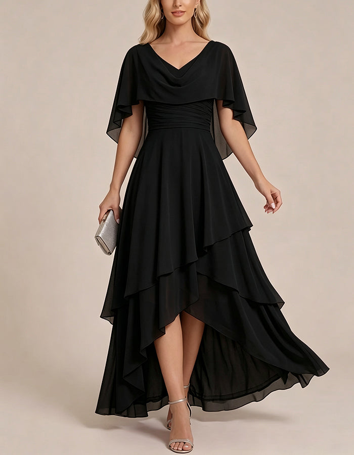 Vestido maxi de chiffon em camadas, com capa nas mangas, franzido e bainha assimétrica