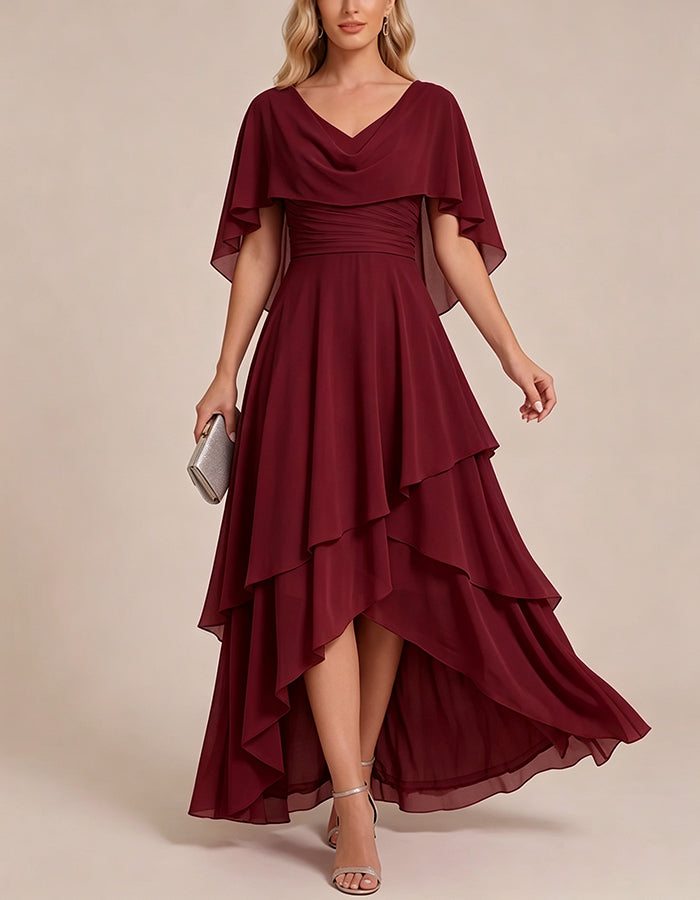 Vestido maxi de chiffon em camadas, com capa nas mangas, franzido e bainha assimétrica