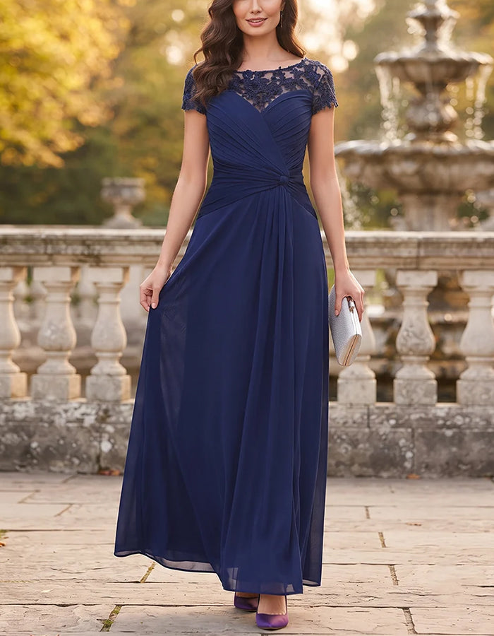 Navy Blue Lace Illusion Neck Twist Knot Chiffon Maxi Dress