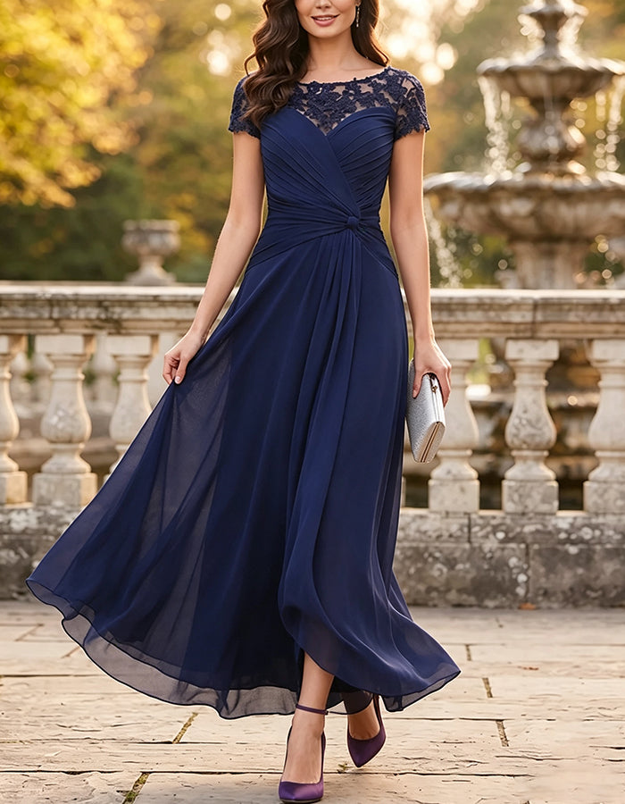 Navy Blue Lace Illusion Neck Twist Knot Chiffon Maxi Dress